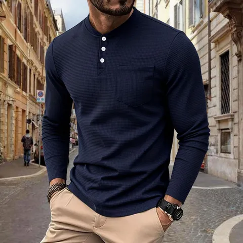 Men's Casual Long Sleeve Henley Shirt Waffle Knit Pullover Basic Solid Color Vintage Slim Fit Top Spring Autumn Clothing