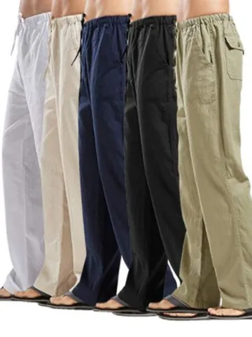 Men's Casual Linen Plus Size Pants Loose Fit Drawstring Elastic Waist Straight Leg Trousers With Pockets Breathable Summer Beach Long Pants