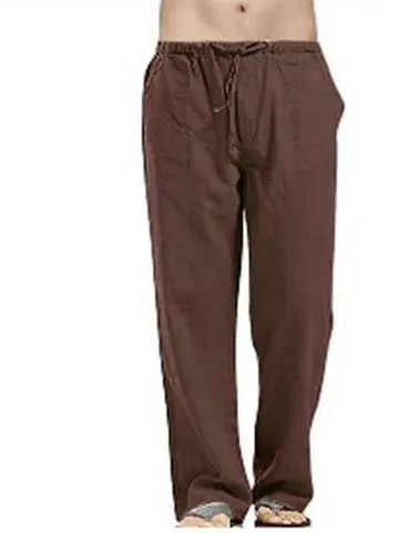 Men's Casual Linen Plus Size Pants Loose Fit Drawstring Elastic Waist Straight Leg Trousers With Pockets Breathable Summer Beach Long Pants