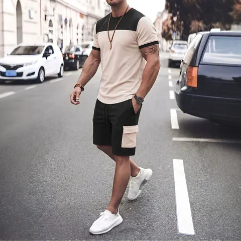 Tuta Casual da Uomo Patchwork a Contrasto Estiva Maglietta a Maniche Corte E Pantaloncini Cargo Parte Superiore E Inferiore Completo Sportivo