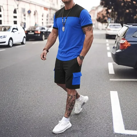 Tuta Casual da Uomo Patchwork a Contrasto Estiva Maglietta a Maniche Corte E Pantaloncini Cargo Parte Superiore E Inferiore Completo Sportivo