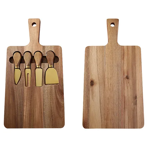 Juego de Tabla de Quesos de Madera de Acacia Con Cuchillos de Acero Inoxidable Tabla de Cortar Pan