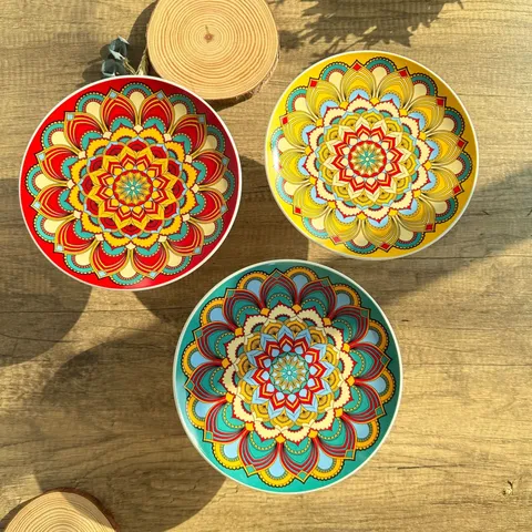 Böhmischer Stil Keramik Hoher Obstteller Retro Mandala Geometrisches Muster Dessertschale Dekoratives Geschirr