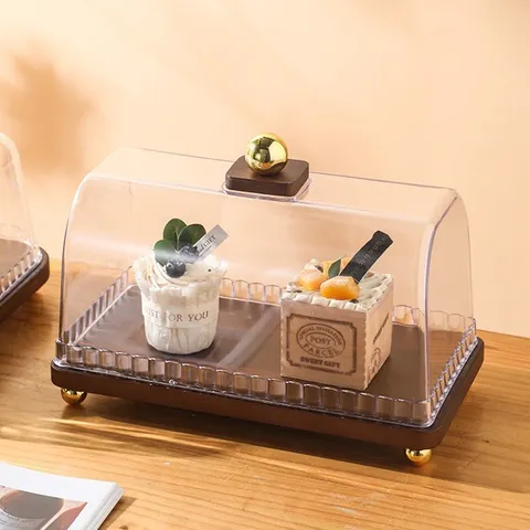 Présentoir à Gâteaux en Bois Vintage Avec Couvercle Anti-Poussière en Acrylique Transparent Plateau de Présentation de Dessert Européen Assiette à Fruits pour Mariage Fête Maison Décoration de Table