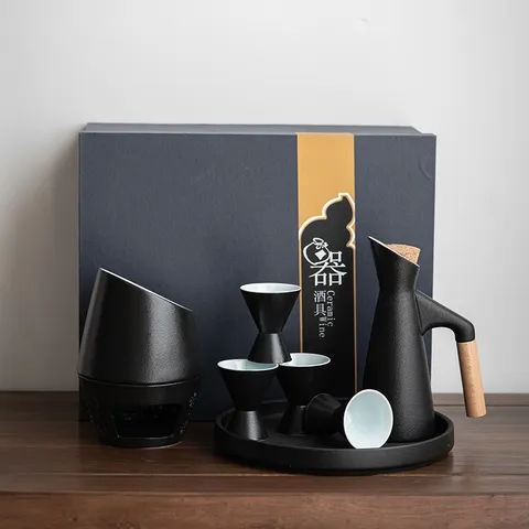 Japanischer Stil Steinzeug Weinwärmung Set Mit Topf Tassen Tablett Keramik Sake Topf Barware Geschenk