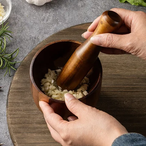 Natürliches Akazienholz Mörser und Stößel Set Manueller Knoblauchzerkleinerer Schleifschale für Küche Kochen