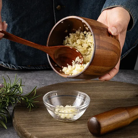 Natürliches Akazienholz Mörser und Stößel Set Manueller Knoblauchzerkleinerer Schleifschale für Küche Kochen