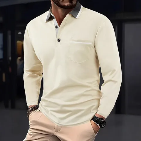 Men's Casual Long Sleeve Polo Shirt Business Casual Golf Sports Breathable Lapel Top With Pocket And Color Block Design