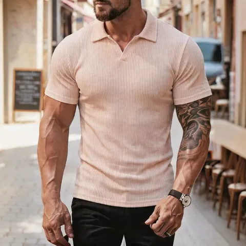 Herren Lässiges Kurzarm Polo Shirt Sommer Slim Fit Gestreiftes Revers Top Atmungsaktive Business Freizeitbekleidung