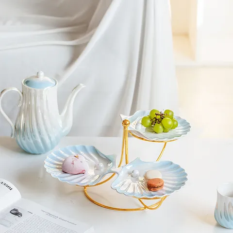 Plato de Postre de Concha de Perla Europea Soporte de Pastel de Tarde Bandeja de Frutas Degradado Soporte de Exposición de Cerámica