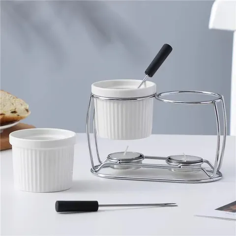 Ceramic Butter Melting Pot Chocolate Fondue Set With Metal Stand And Candle Warmer For Home Kitchen Tableware
