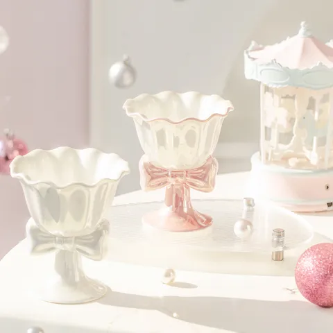 Cute Ceramic Ice Cream Cup High Stem Dessert Salad Bowl With 3D Bowknot Pink White Purple Home Kitchen Tableware