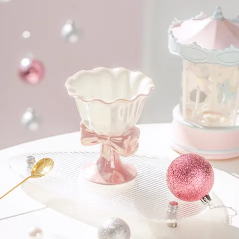 Cute Ceramic Ice Cream Cup High Stem Dessert Salad Bowl With 3D Bowknot Pink White Purple Home Kitchen Tableware