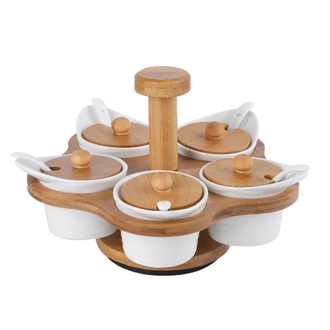 Nordic Ceramic Rotating Seasoning Jar Set Spice Box Storage Container With Wooden Stand And Ceramic Spoons