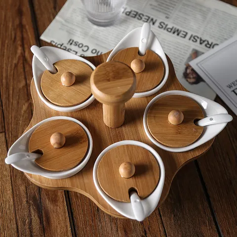 Nordic Ceramic Rotating Seasoning Jar Set Spice Box Storage Container With Wooden Stand And Ceramic Spoons