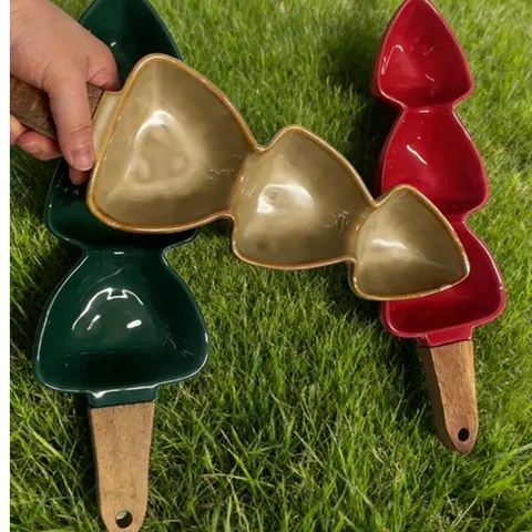 Christmas Tree Snack Serving Tray Ceramic Divided Fruit Plate With Wood Handle Candy Nut Dessert Dish For Party