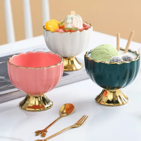 Ceramic Dessert Bowl Set With Tray Gold Rim European Style Stemmed Ice Cream Cup Yogurt Bowl Salad Dish For Cafe Home Party