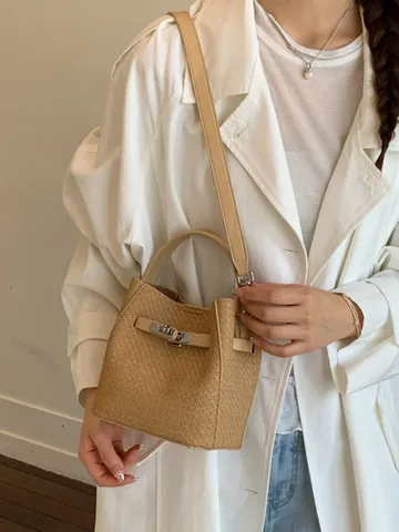 Bolso Cubo Pequeño para Mujer de Cuero PU Textura Tejida Bolso Bandolera Commuter Bolso Elegante con Cierre de Giro