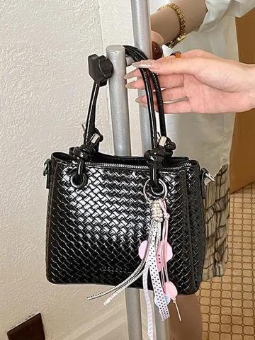 Bolso Cubo Tejido para Mujer Cuero PU Moda Casual Hombro Bandolera Bolso Con Colgante