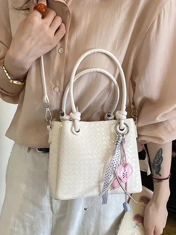 Bolso Cubo Tejido para Mujer Cuero PU Moda Casual Hombro Bandolera Bolso Con Colgante