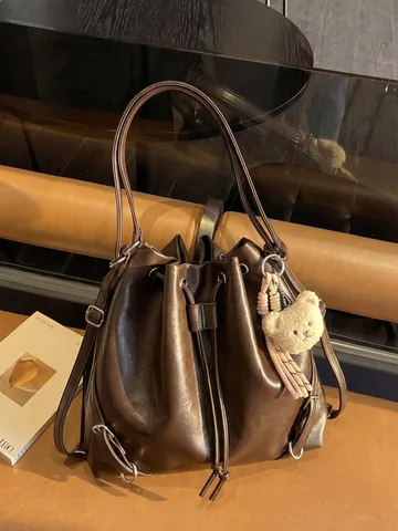 Mochila Casual de Cuero PU de Moda para Mujer Gran Capacidad Cordón Cubo Bolsa Viaje Multiusos