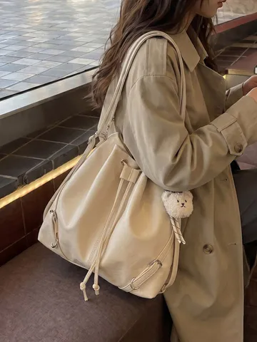 Mochila Casual de Cuero PU de Moda para Mujer Gran Capacidad Cordón Cubo Bolsa Viaje Multiusos