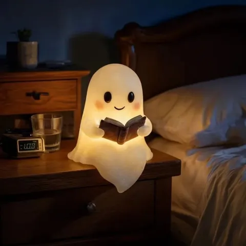 Cute Ghost Reading Book Lamp Halloween Resin Statue Glowing Night Light Desktop Ornament Home Decor Gift