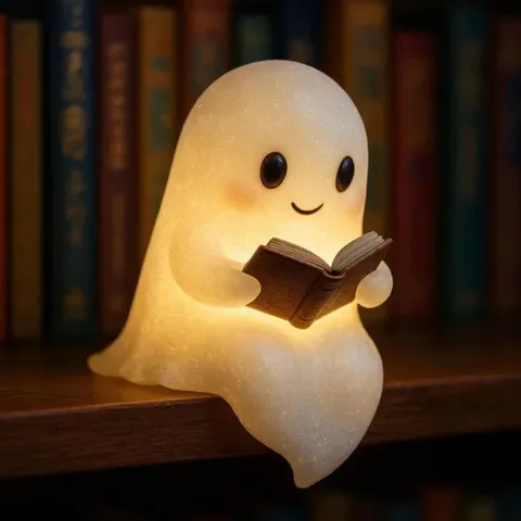 Cute Ghost Reading Book Lamp Halloween Resin Statue Glowing Night Light Desktop Ornament Home Decor Gift