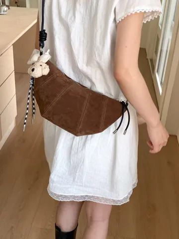 Bolso de Hombro Croissant de Ante Sintético Retro para Mujer Bolso Cruzado de Media Luna Color Sólido Casual Bolso Dumpling Versátil con Correa de Nudo