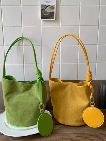 Mujer Casual Simple Versátil Ante Bolso Balde Cuero PU Único Hombro Axila Bolso Con Colgante Monedero