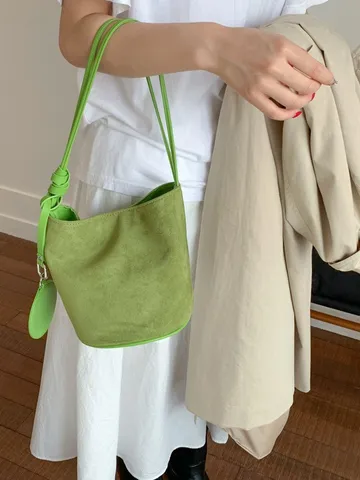 Mujer Casual Simple Versátil Ante Bolso Balde Cuero PU Único Hombro Axila Bolso Con Colgante Monedero