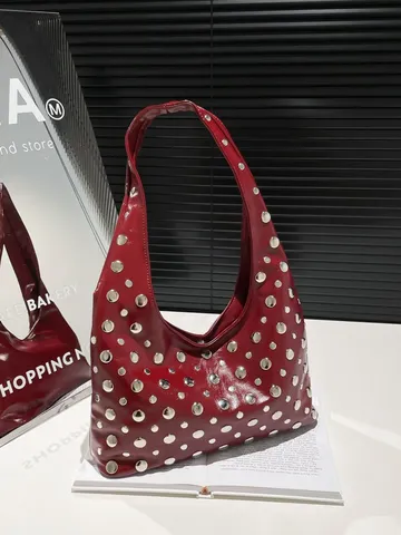 Mujer Moda Cuero PU Remache Hobo Bolso De Hombro Casual Chic Color Sólido Tendencia Axila Monedero Bolso Para Viaje Diario