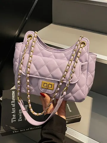 Bolso de Hombro Acolchado con Cadena para Mujer de Cuero PU Bolso Casual de Commuting con Cierre de Giro
