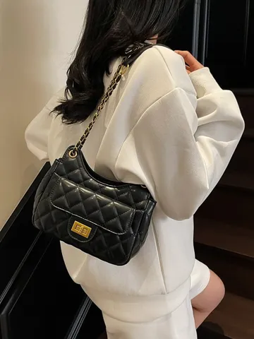 Bolso de Hombro Acolchado con Cadena para Mujer de Cuero PU Bolso Casual de Commuting con Cierre de Giro