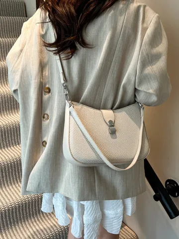 Bolso Bandolera con Textura Tejida Vintage Francés para Mujer de Cuero PU Bolso de Silla Crossbody Cerradura de Metal Bolso Chic