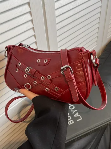 Mujer Vintage PU Cuero Bolso de Hombro Estilo Moto Retro Bolso de Axila Remache Hebilla Cadena Crossbody Bolso