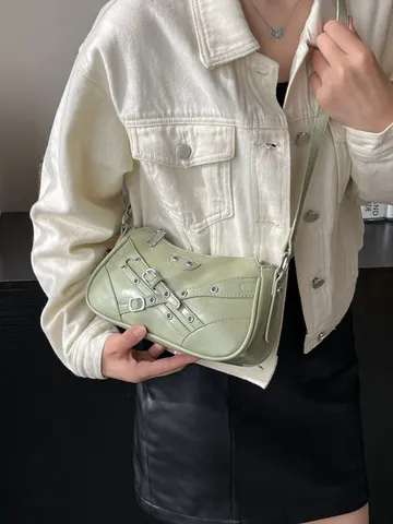 Mujer Vintage PU Cuero Bolso de Hombro Estilo Moto Retro Bolso de Axila Remache Hebilla Cadena Crossbody Bolso