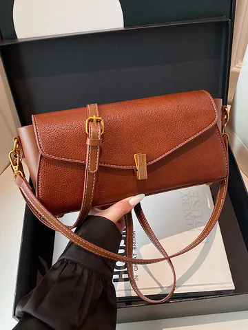 Mujer Moda PU Cuero Bolso de Hombro Casual Elegante Color Sólido Solapa Bolso Cruzado Elegante Femenino Viaje Bolso de Mano
