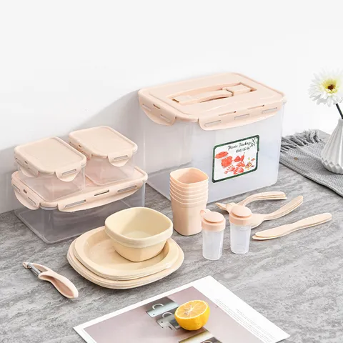 Modern Plastik Tragbar Outdoor Picknick Geschirr Set Mit Aufbewahrungsbox Tragbares Camping Geschirr Paket Für Wandern Exkursion