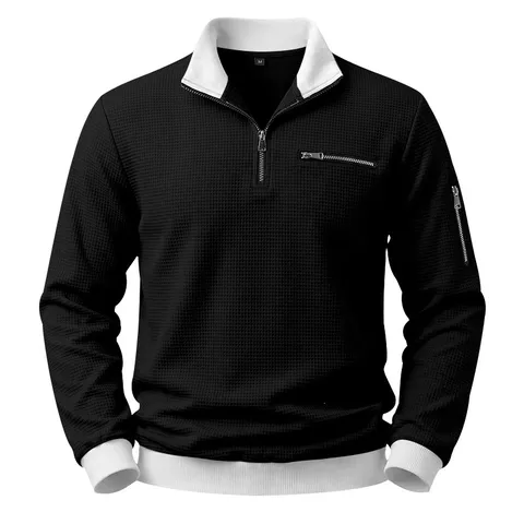 Herren Casual Standkragen Waffel Sweatshirt Langarm Reißverschluss Top Loose Fit Herbst Mode Bekleidung