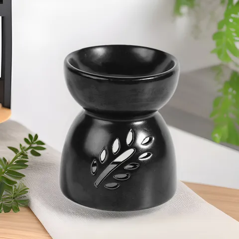 Large Capacity Ceramic Aroma Burner Hollow Leaf Essential Oil Diffuser Matte Black And Turquoise Air Freshener Home Decor