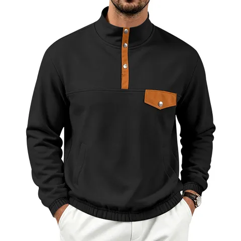 Men's Casual Stand Collar Long Sleeve Sweatshirt Color Block Patchwork Pullover Loose Fit Spring Autumn Top