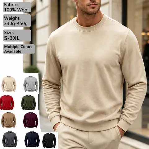 Men's Casual Solid Color Heavyweight Fleece Lined Crew Neck Sweatshirt Autumn Winter Long Sleeve Basic Pullover Top