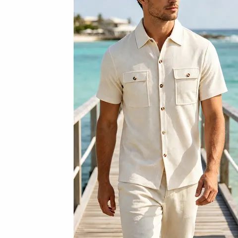 Heren Casual Korte Mouw Overhemd Waffel Gebreid Effen Kleur Revers Knoop Sluiting Met Dubbele Zakken Losse Pasvorm