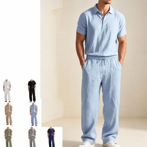 Herren Casual Leinen Baumwolle Top Und Bottom Set Kurzarm Polo Hemd Mit Langer Hose Atmungsaktiv Hip Hop Outfit Sommer Strandbekleidung