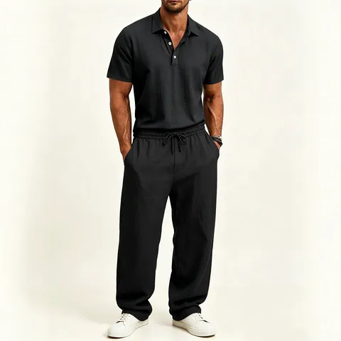 Herren Casual Leinen Baumwolle Top Und Bottom Set Kurzarm Polo Hemd Mit Langer Hose Atmungsaktiv Hip Hop Outfit Sommer Strandbekleidung