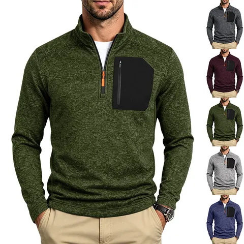 Men's Casual Fleece Lined Sweatshirt Winter Thermal 1/4 Zip Stand Collar Long Sleeve Pullover With Chest Pocket