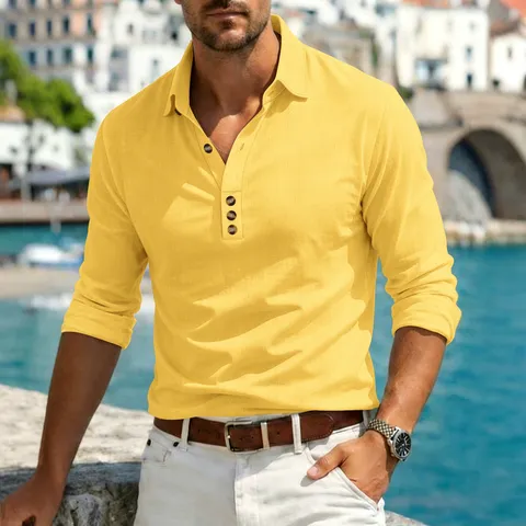 Herren Casual Langarm Baumwolle-Leinen-Hemd Business Einfarbig Umlegekragen Knopfleiste Oberteil Sommer Mode