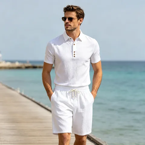Men Casual Cotton Blend Linen Polo Shirt And Shorts Two Piece Set Summer Short Sleeve Top And Bottom Beachwear Suit