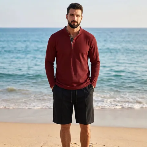 Uomo Maglietta Polo a Manica Lunga in Maglia Waffle e Pantaloncini Casual Collo in Piedi Patchwork Completo Top e Pantaloni